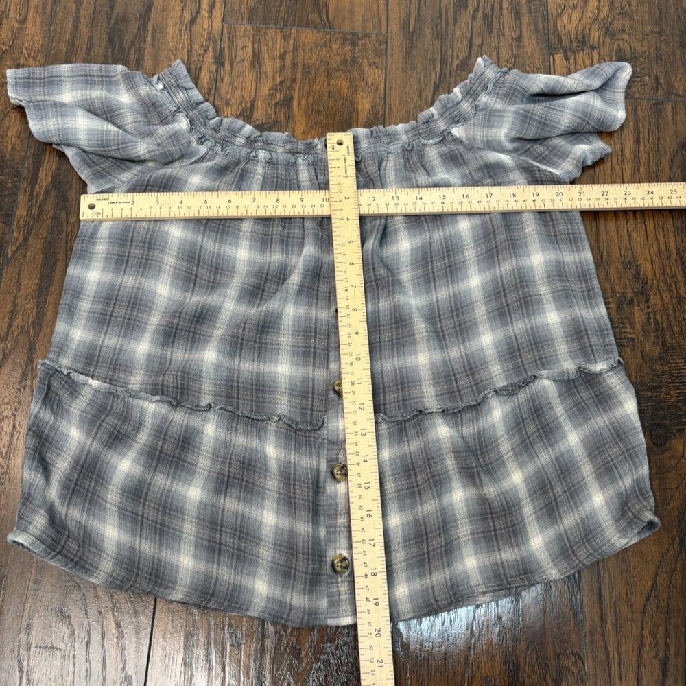 Maurices Top XL Gray Plaid Off-the-Shoulder Button Short Sleeve‎ Blouse Women's - Picture 8 of 12